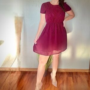 Under Skies Burgundy Embroidered Shortsleeved Dress